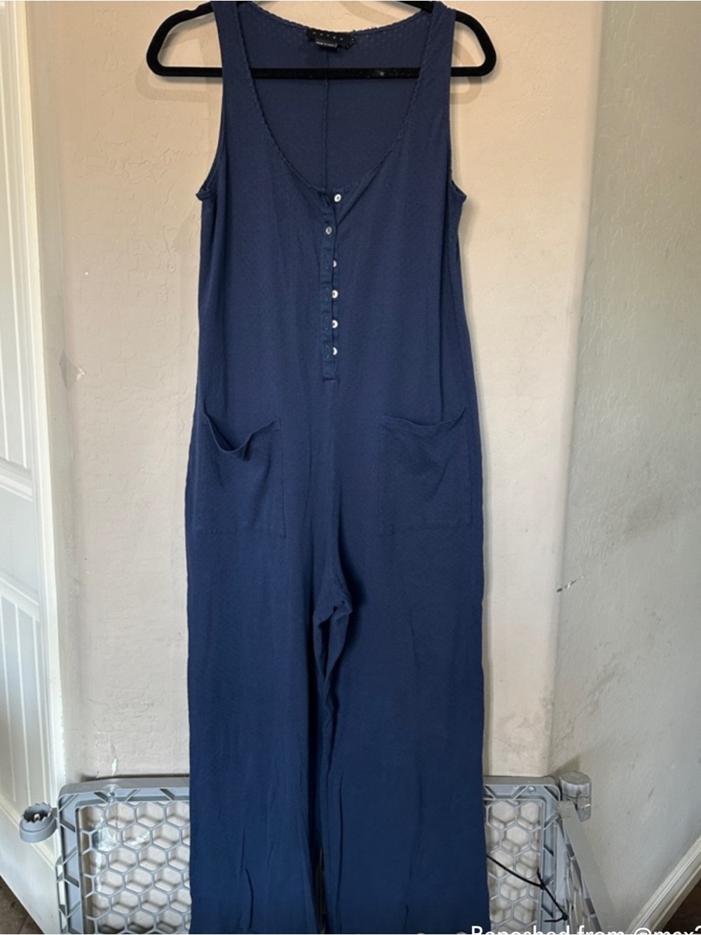 Hatch the All Tri Jumpsuit Navy Pointelle Front Buttons Pockets 1 Sm Cotton